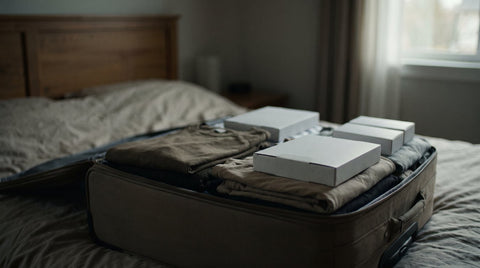 An open suitcase on a bed being packed carefully, warm afternoon light
