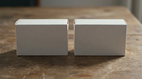 Two plain unlabelled packages side by side on a table in soft light