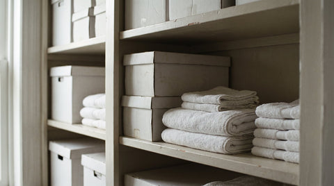 A tidy linen closet with supplies stacked neatly on the shelves
