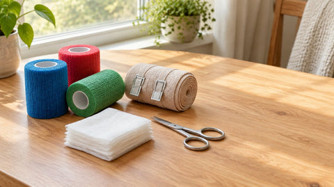 Rolls of blue, red and green self-adherent wrap, a beige elastic bandage with metal clips, gauze pads and scissors on a sunny wooden table