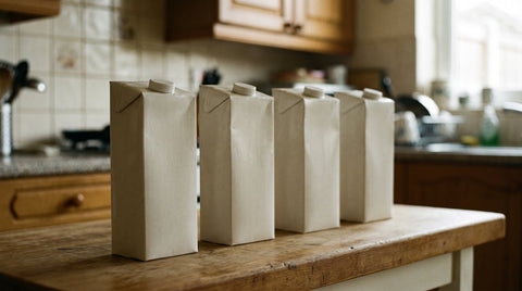 Nutrition drink cartons lined up on a kitchen counter in morning light