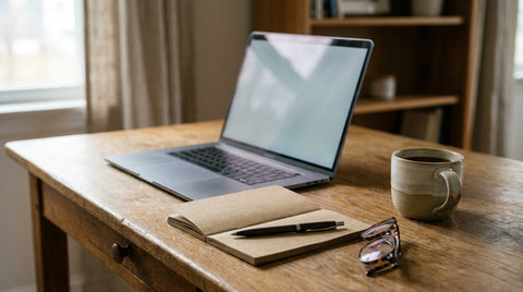 A home desk with an open laptop, a notepad and a mug in warm afternoon light