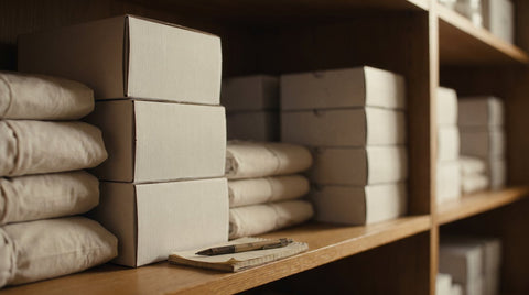A home shelf neatly stocked with supplies, with a notepad and pen resting on the edge