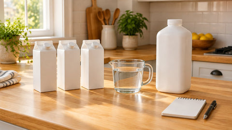 Plain white formula cartons, a large white liter container, a measuring cup of water and a notepad on a sunny kitchen counter