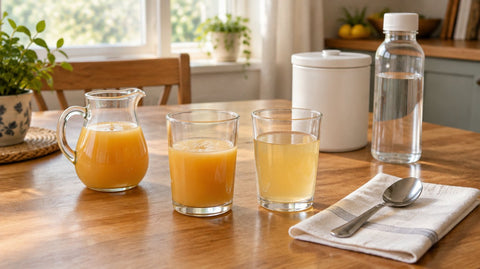 A kitchen table with a small pitcher of thickened juice, two glasses of drinks at different thicknesses, a spoon on a napkin, a white canister and a bottle of water