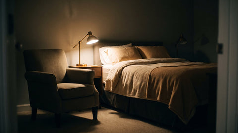A softly lit bedroom at night with a reading lamp on and a chair beside the bed