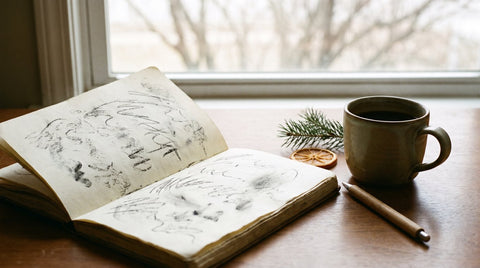 A warm home desk at the end of the year with an open notebook and a mug