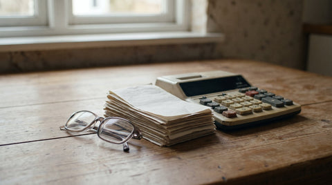 A kitchen table with receipts, a calculator and reading glasses