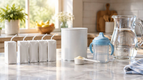 A kitchen counter with a row of small drink cartons with straws, a formula can with a scoop of powder, a child's sippy cup and a pitcher of water