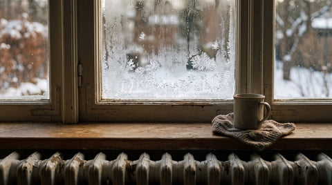 A frosted window with warm indoor light and a radiator below it