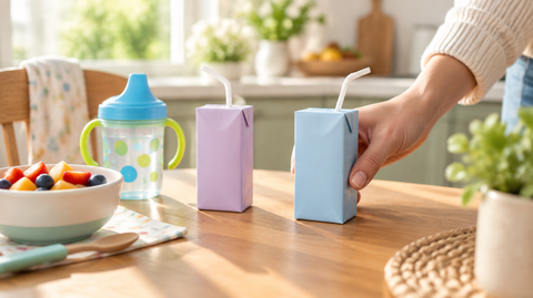 Two small drink cartons and a child's sippy cup on a kitchen table