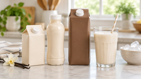 Three nutrition shake containers and a glass of vanilla shake on a kitchen counter