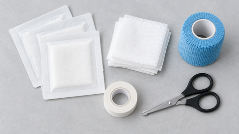 Non-stick dressing pads, gauze squares, cohesive wrap, paper tape and scissors