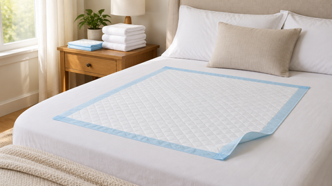 White quilted disposable underpad on a neatly made bed