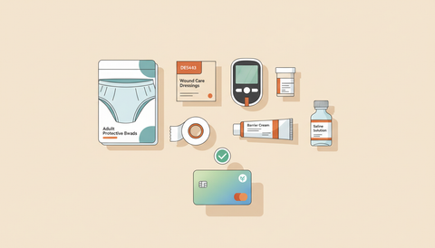 FSA and HSA eligible medical supplies including incontinence underpads, wound care, diabetic monitoring, and barrier cream with an FSA payment card