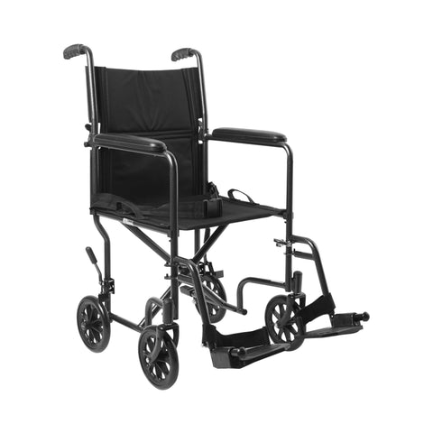 McKesson Lightweight Transport Chair with swing-away footrests, foldable back, and padded armrests for comfort and convenience.