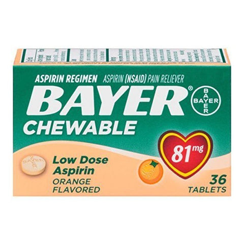 Bayer Chewable Low Dose Aspirin, Orange Flavored, 81 mg, 36 Tablets