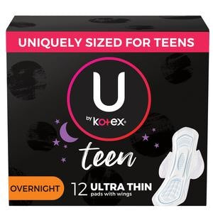 U by Kotex Teen Ultra Thin Pads with Wings, Overnight Absorbency