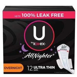 U by Kotex AllNighter Ultra Thin Pads with Wings, Overnight Absorbency