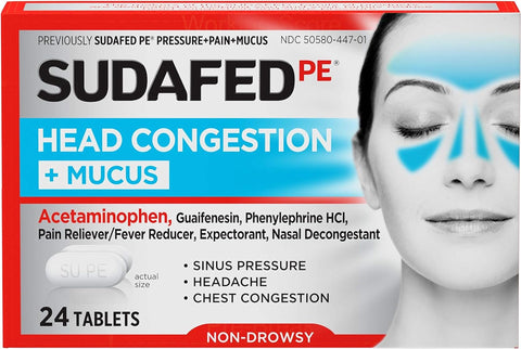 Sudafed PE Head Congestion + Mucus Pain Relief, 24 Tablets