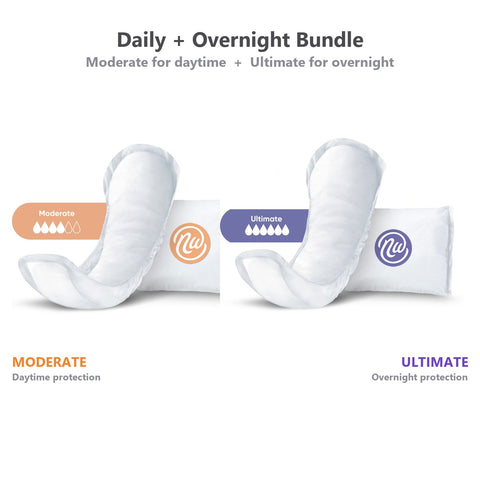Nexwear Daily + Overnight Bundle showing Moderate Pads for daytime and Ultimate Pads for overnight protection.
