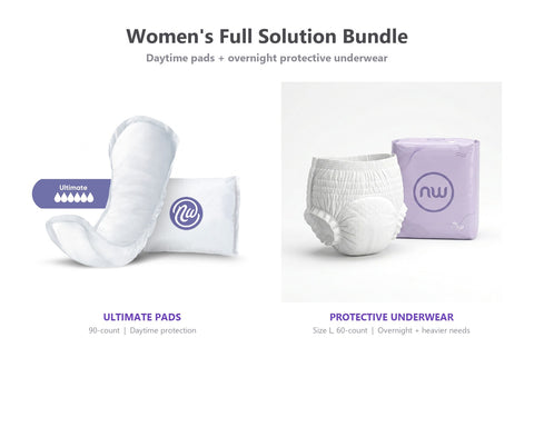 Nexwear Women's Full Solution Bundle showing Ultimate Pads for daytime and Premium Protective Underwear for overnight.